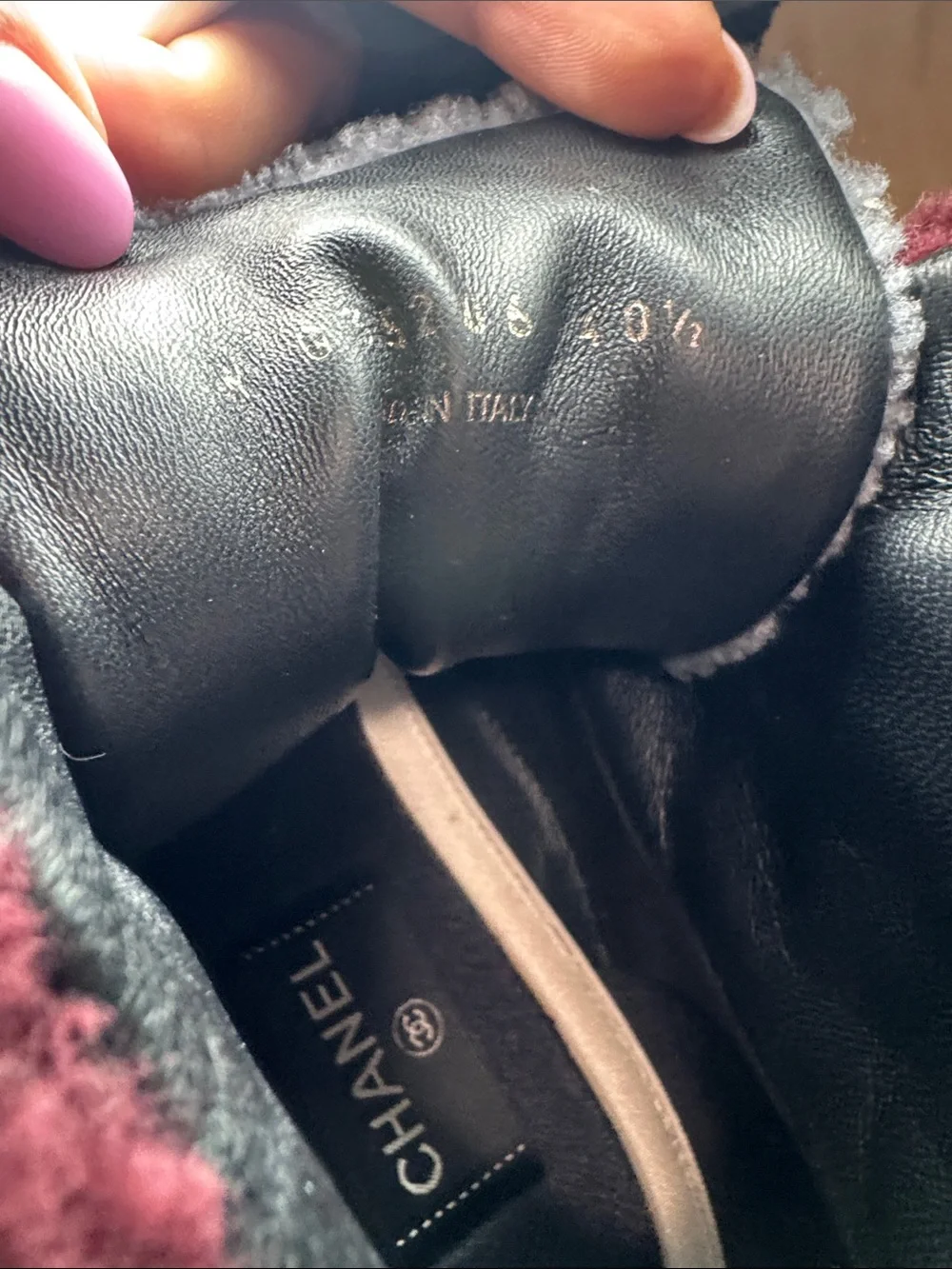CHANEL womens Burgundy & Gray Shearling High-Top Sneakers